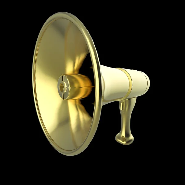 Shiny golden megaphone isolated on black background rendering. — Stock Photo, Image