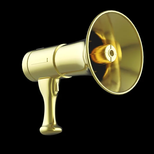 Megafone dourado brilhante isolado na renderização de fundo preto . — Fotografia de Stock