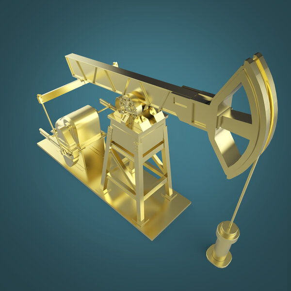 High detailed golden oil pump-jack, rig. isolated rendering.  fuel industry, economy crisis illustration.