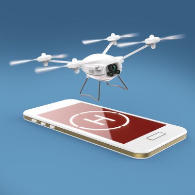 Helikopter pisti işareti ekranda hareket eden smartphone dokunmatik ekran üzerinde uçan küçük kamera dron. Uzak helikopter kontrolü render izole kavramı
