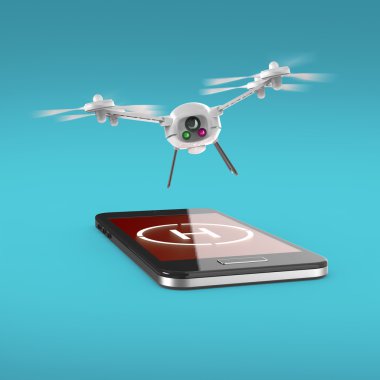 Helikopter pisti işareti ekranda hareket eden smartphone dokunmatik ekran üzerinde uçan küçük kamera dron. Uzak helikopter kontrolü render izole kavramı