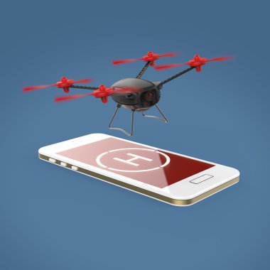 Helikopter pisti işareti ekranda hareket eden smartphone dokunmatik ekran üzerinde uçan küçük kamera dron. Uzak helikopter kontrolü render izole kavramı