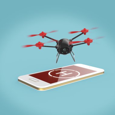 Helikopter pisti işareti ekranda hareket eden smartphone dokunmatik ekran üzerinde uçan küçük kamera dron. Uzak helikopter kontrolü render izole kavramı