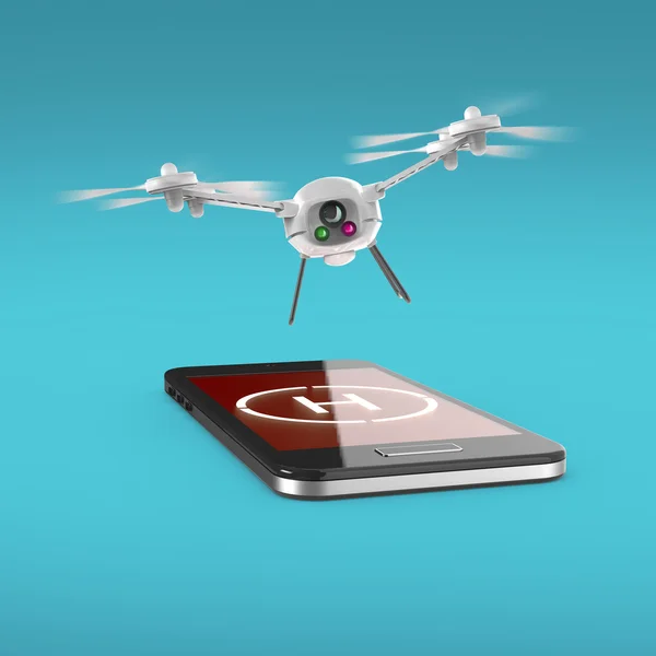Helikopter pisti işareti ekranda hareket eden smartphone dokunmatik ekran üzerinde uçan küçük kamera dron. Uzak helikopter kontrolü render izole kavramı — Stok fotoğraf
