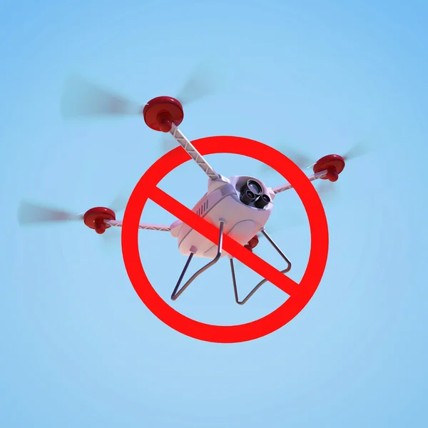 Drohnen gibt es nicht. Flugverbotszone, realistische 3D-Kamera-Drohne schwebt mit rotem Verbotsschild 3d rendern isoliert — Stockbild Drohnen gibt es nicht. Flugverbotszone, realistische 3D-Kamera-Drohne mit roter verbotener Beschränkung — Stockfoto