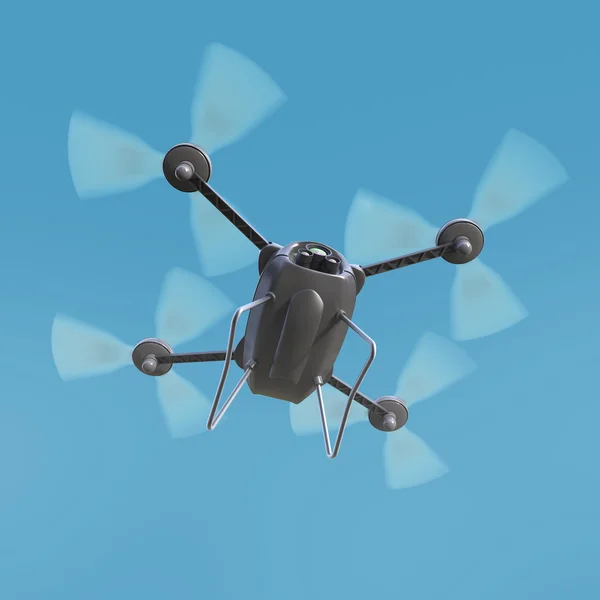 Aerial robot drone, quadrocopter, with camera flying in the blue sky. Concept hovering multycopter render — Stock Photo, Image