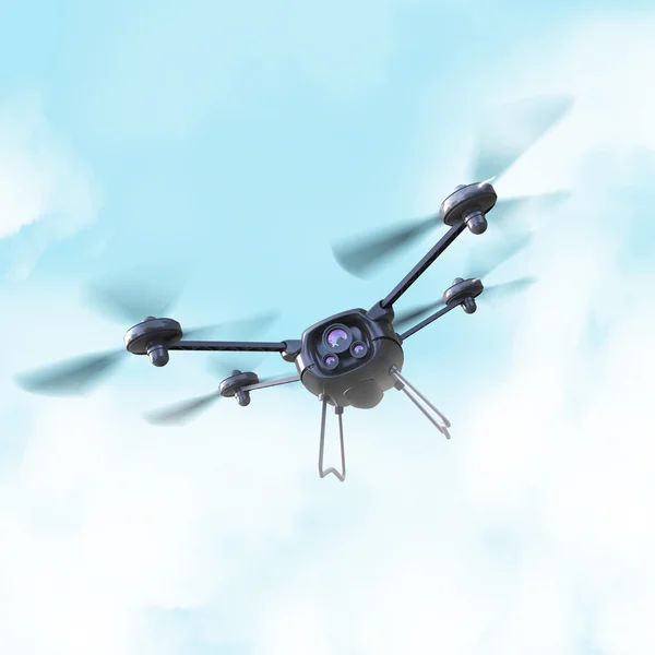 Drone robot aereo, quadrocopter, con telecamera che vola nel cielo blu. Concetto rendering multycopter aleggiante — Foto Stock