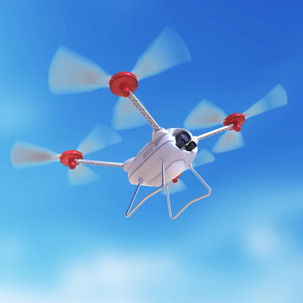 Flugroboter-Drohne, Quadrocopter, mit Kamera, die in den blauen Himmel fliegt. Konzept schwebt Multycopter 3D-Renderer — Stockbild Flugroboter-Drohne, Quadrocopter, mit Kamera, die in den blauen Himmel fliegt. Konzept schwebender Multycopter-Renderer — Stockfoto