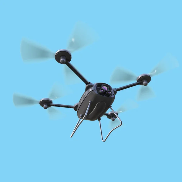 Drone robot aereo, quadrocopter, con telecamera che vola nel cielo blu. Concetto rendering multycopter aleggiante — Foto Stock