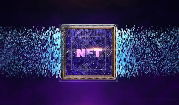 NFT non fungible tokenscrypto art on colorful abstract background. Pay for unique collectibles in games or art. 3d render of NFT crypto art collectibles concept — Stock Photo, Image