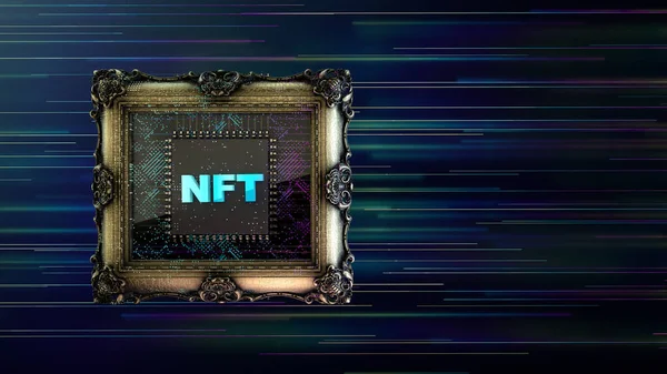 NFT niet fungibele tokenscrypto kunst op kleurrijke abstracte achtergrond. Betaal voor unieke verzamelobjecten in games of kunst. 3d weergave van NFT crypto kunst verzamelobjecten concept — Stockfoto