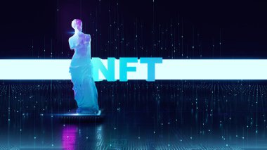 Renkli soyut arkaplandaki NFT karşılanamaz şifreli sanat simgeleri. Venüs 'ün parlayan polyester heykeli. Oyun ve sanat eserlerinde eşsiz koleksiyonlar için ödeme yapıyor. NFT şifreleme sanat koleksiyonlarının 3D görüntüleyicisi