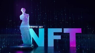 Renkli soyut arkaplandaki NFT karşılanamaz şifreli sanat simgeleri. Venüs 'ün parlayan polyester heykeli. Oyun ve sanat eserlerinde eşsiz koleksiyonlar için ödeme yapıyor. NFT şifreleme sanat koleksiyonlarının 3D görüntüleyicisi