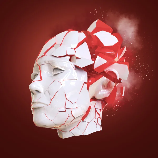 Cabeza de mujer brillante explotando obstruida - Dolor de cabeza, problemas mentales, estrés — Foto de Stock