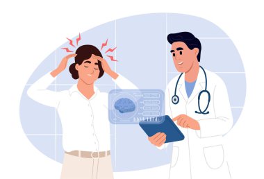 Ulusal Epilepsi Günü. Bir nörolog, başını ağrı içinde tutan hastaya, epilepsi ya da nörolojik bozuklukları sembolize eden sonuçları açıklar.