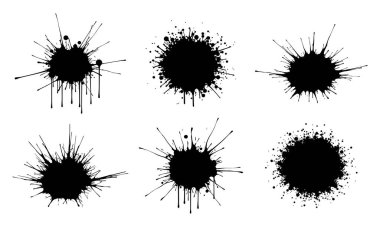 Altı adet siyah mürekkep sıçrama ve sıçrama tasarım elementi.