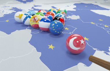 AB ve Türkiye bayrakları Bilardo masası üzerinde 3D çizimi 
