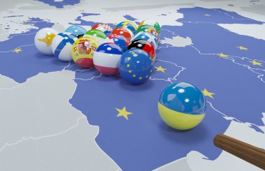 AB ve Ukrayna bayrakları Bilardo masası üzerinde 3D çizimi 