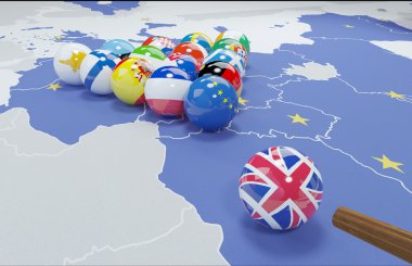 AB ve İngiltere bayrakları Bilardo masası üzerinde 3D çizimi 