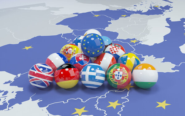 3d illustration - eu flags on eu map 2