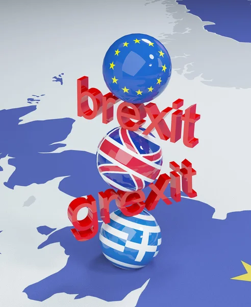 3D απεικόνιση της ΕΕ, Αγγλία και Ελλάδα σημαίες - Grexit ή Brexit — Φωτογραφία Αρχείου