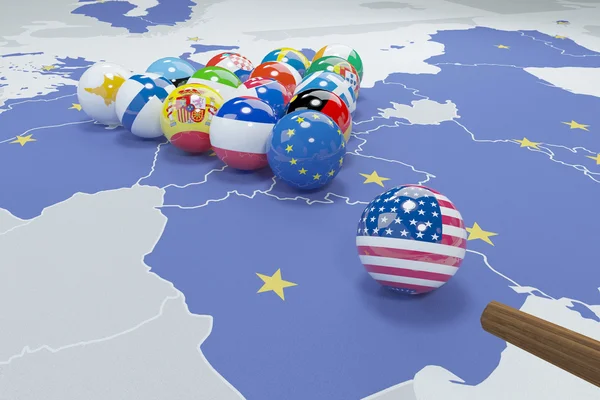 Illustration 3D des drapeaux eu et usa sur la table de billard — Photo