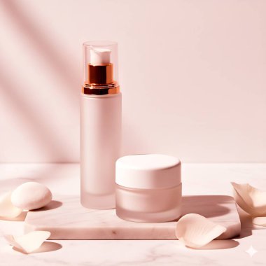 Kozmetik ürün, krem, kozmetik, serum ya da losyon, pembe arka planda krem ile nemlendirici şişesi, üst manzara, düz yatak. Cilt konsepti