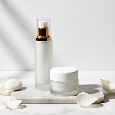 Beyaz bir masada kremalı kozmetik şişesi.