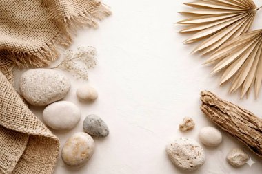 Beyaz arkaplanda farklı spa aksesuarları olan kompozisyon, metin için boşluk olan üst görünüm.