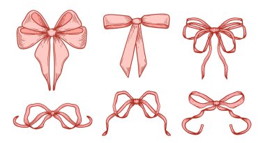 Şirin bir hediye ya da davetiye için garip bir fiyonk ve kurdele vektör çizimi. Elle çizilmiş bu pembe ve kırmızı grafikler düğün kartı ve yılbaşı için mükemmel.
