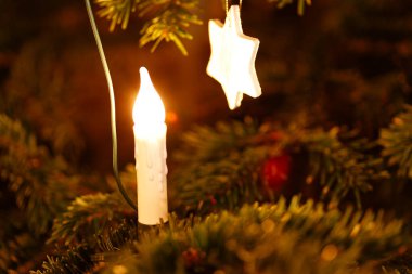 Noel ağacı dalları parıldayan bir mum ışığı ve yıldız süsü tutarak şenlikli bir kış atmosferi yaratıyor.