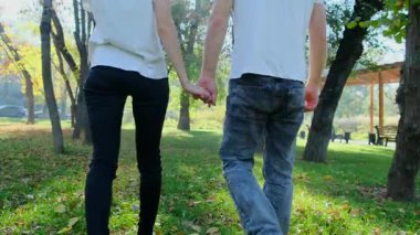 Bir erkek ve bir kadın ağaçlarla çevrili yemyeşil bir ormanda el ele yürüyorlar. Romantizm, seyahat, doğa ve yaşam tarzı içeriği için mükemmel bir 4K videosu. Yüksek kalite 4k görüntü