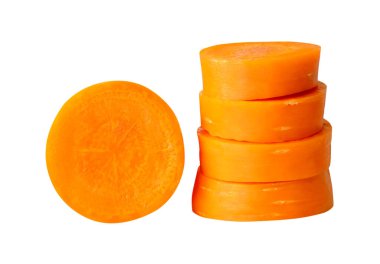 Side view of orange carrot slices in stack and set is isolated on white background with clipping path.