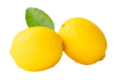 Side view of two ripe yellow lemon fruits with green lemon leaf in stack is isolated on white background with clipping path.