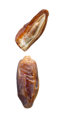 Olgun kurutulmuş hurma meyvesi yarısı kadar set halinde png dosya biçiminde kırpma yolu ile izole edilir. Müslümanlar için Ramazan ayında iftar yemeği kavramı