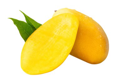 Tek olgun sarı mango meyvesi ve yarısı yeşil mango yapraklı ve su damlacıkları beyaz arka planda kırpma yolu ile izole edilir..
