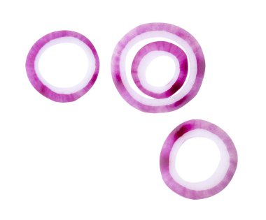 Üst görünüm taze kırmızı veya mor İspanyol soğan halkaları veya yığın halinde dilimler kırpma yolu ile beyaz arka planda izole edilir.