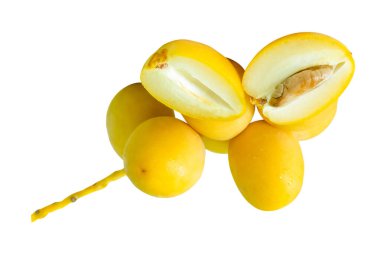 Taze, olgun, sarı, Barhi hurma palmiyesi meyveleri üst üste yığılır ve beyaz arka planda kırpma yolu ile izole edilir. Müslümanlar için Ramazan ayında iftar yemeği kavramı