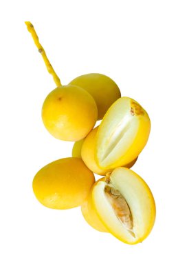 Taze, olgun, sarı, Barhi hurma palmiyesi meyveleri üst üste yığılır ve beyaz arka planda kırpma yolu ile izole edilir. Müslümanlar için Ramazan ayında iftar yemeği kavramı