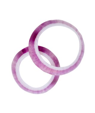 Taze kırmızı ya da mor İspanyol soğan halkalarının ya da yığın halinde dilimlerin üst görünümü kırpma yolu ile beyaz arkaplanda izole edilmiştir..