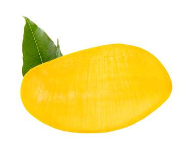 Yeşil yapraklı olgun sarı mango meyvesinin yarısı png dosya biçiminde kırpma yolu ile izole edilmiştir.