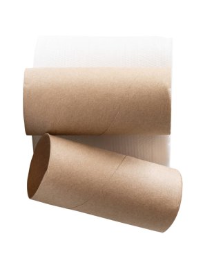 Kağıt rulo ya da tuvalet kağıdı rulo çekirdek veya kağıt tüpler ile yığın beyaz arka planda kırpma yolu ile izole edilir.