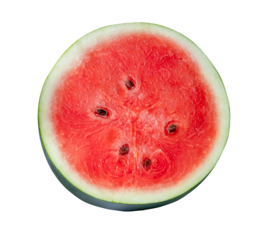 Bir yarıda olgun kırmızı karpuz meyvesinin üst görünümü png dosya biçiminde kırpma yolu ile izole edilmiştir.