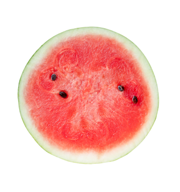 Bir yarıda olgun kırmızı karpuz meyvesinin üst görünümü png dosya biçiminde kırpma yolu ile izole edilmiştir.