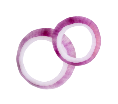 Taze kırmızı ya da mor İspanyol soğan halkalarının ya da yığın içindeki dilimlerin üst görünümü png dosya biçiminde kırpma yolu ile izole edilir.