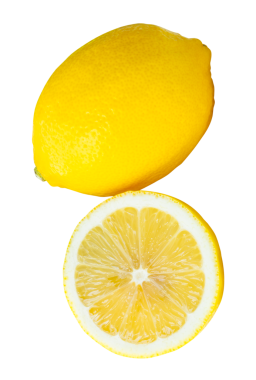 Olgun sarı limon meyvesi ön görünümü yarım veya daire şeklinde dilimlenmiş yığın halinde png dosya biçiminde kırpma yolu ile izole edilir.