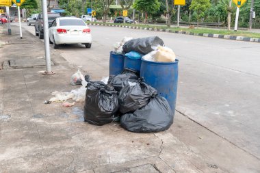 Çöpler siyah çöp torbasında, mavi çöp bidonları ise patikada ve şehir caddesinde..