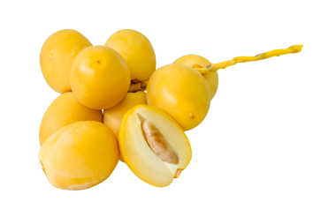 Taze olgun sarı Barhi hurma palmiyesi meyveleri yarım istiflenmiş küçük gruplar halinde png dosya biçiminde kırpma yolu ile izole edilir. Müslümanlar için Ramazan ayında iftar yemeği kavramı