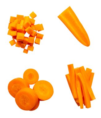 Üst görünüm turuncu havuç dilimleri küp daire ve çubuk şekilleri beyaz arka planda kırpma yolu ile izole edilir.