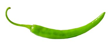 Tek uzun kıvrımlı yeşil biber kırpma yolu ile beyaz arkaplanda izole edilir.